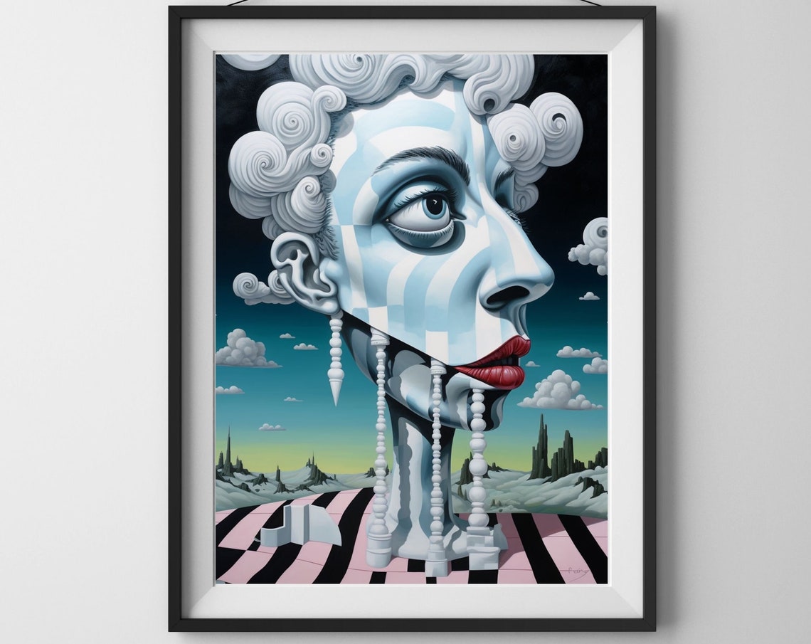 Surreal Blue Checkered Face Cloud Hair Optical Illusion Art Poster