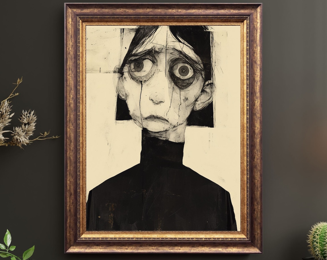 Dark Melancholic Ink Sketch Portrait Woman Sad Gothic Art Poster