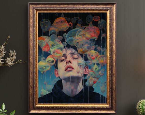 Dreaming Man Surreal Floating Jellyfish Heads Portrait Poster