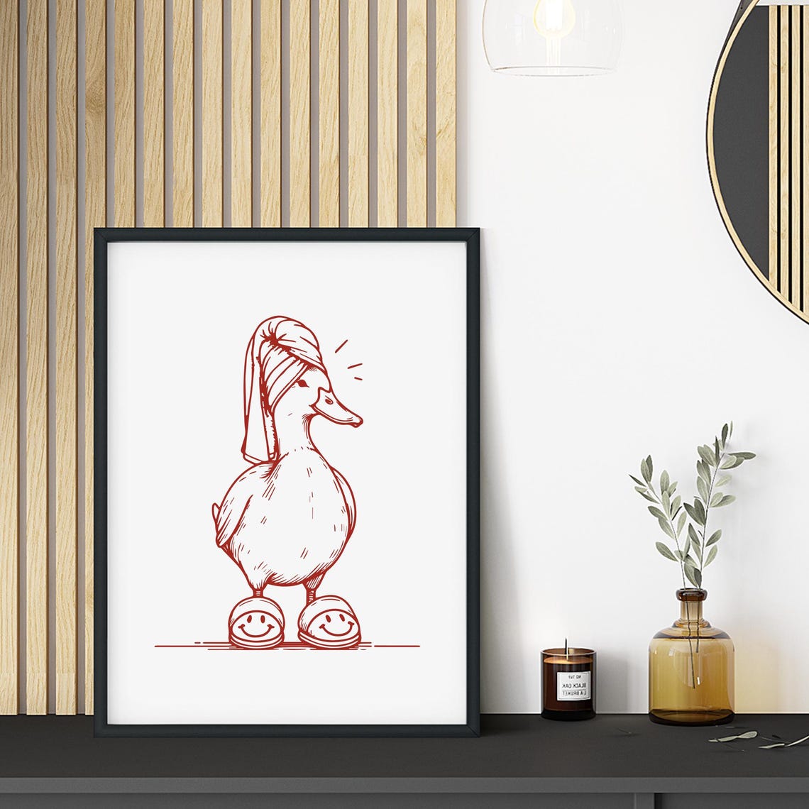 Funny Duck Line Art Poster Towel Smiley Slippers Bathroom Decor