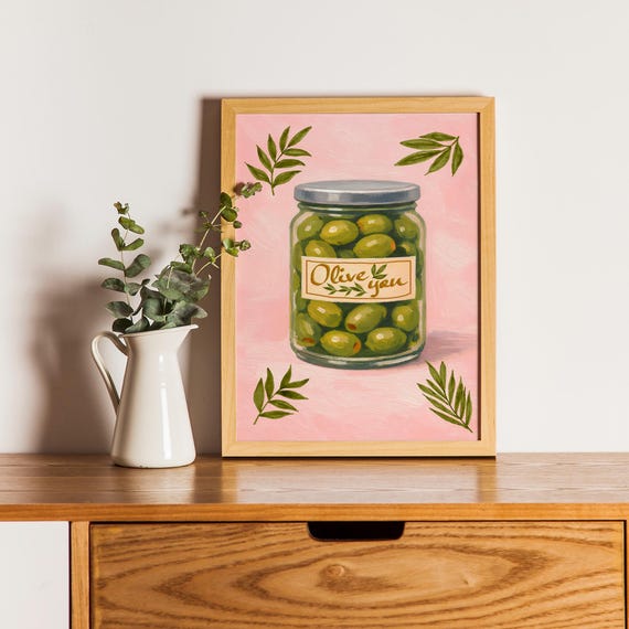 Olive You Poster Funny Kitchen Wall Art Jar Illustration Cute Food Pun Print Decor Italian