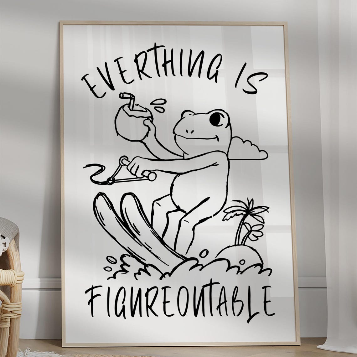 Funny Frog Waterskiing Motivation Poster with Coconut Drink Art