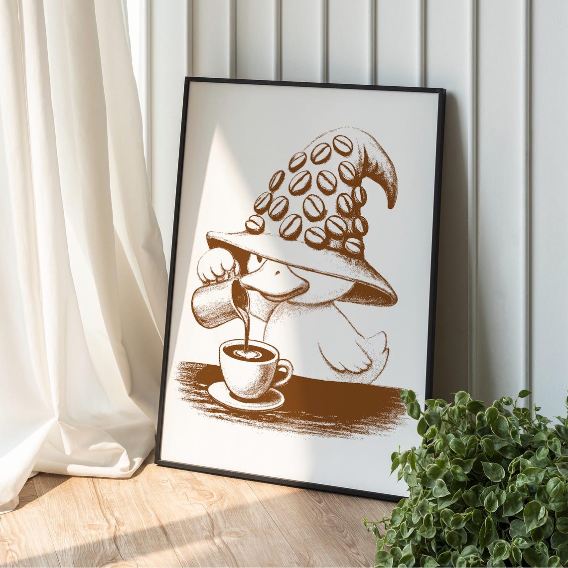 Cute Duck Coffee Bean Wizard Hat Funny Animal Illustration Poster