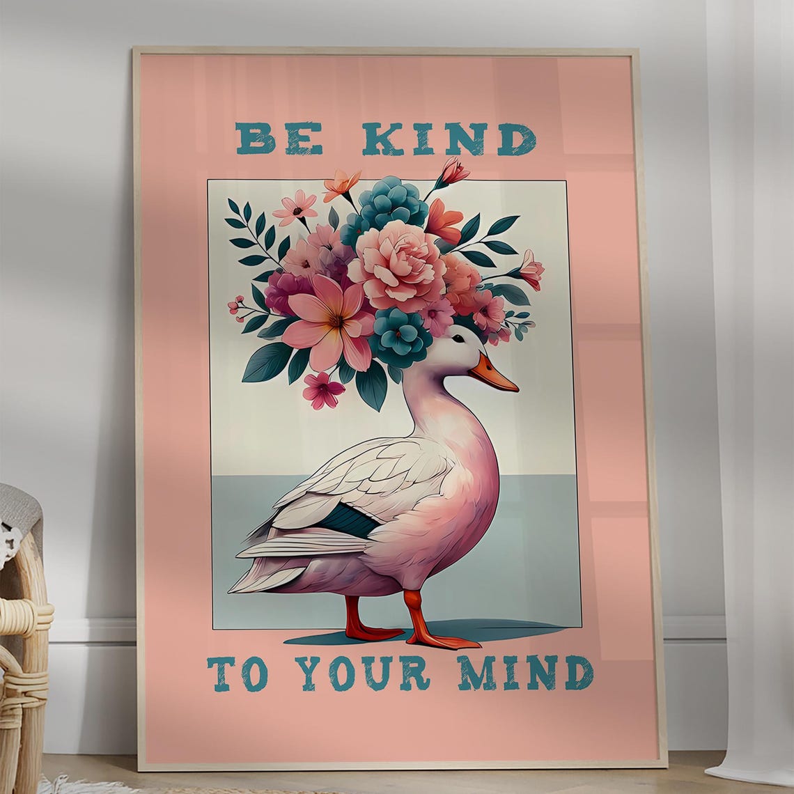 Be Kind To Your Mind Floral Duck Positive Affirmation Pink Wall Art