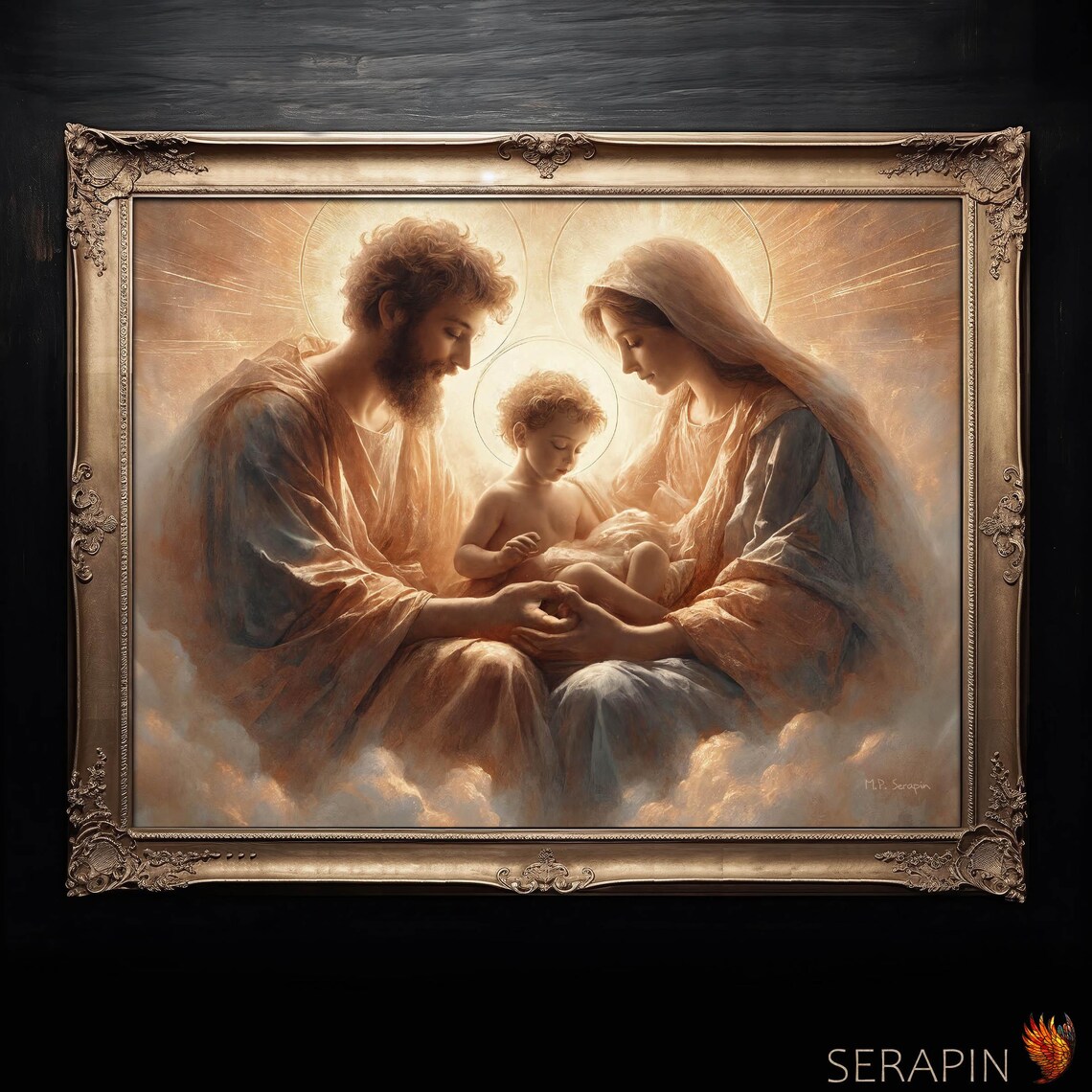 Holy Family Jesus Mary Joseph With Infant In Golden Heavenly Light Poster