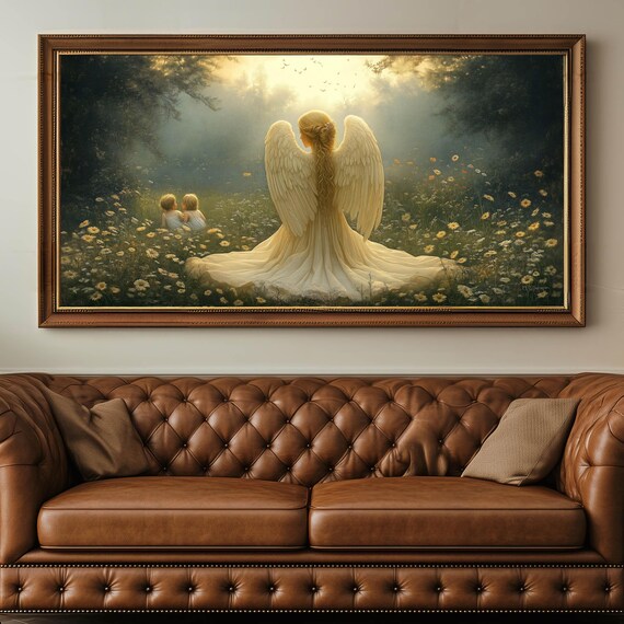 Guardian Angel Watching Over Children In Flower Meadow Panoramic Catholic Poster