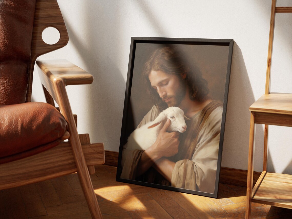 Jesus Christ Holding Lamb Close Oil Painting Tender Faith Art Poster - Image 2