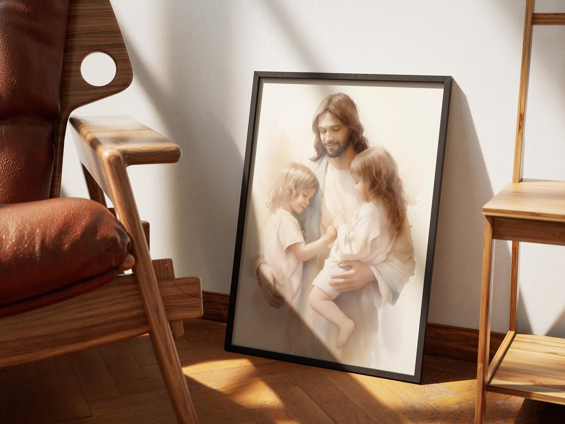 Jesus Christ Holding Little Girls Watercolor Children Faith Art Poster - Image 4