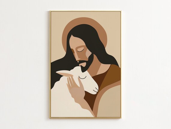 Jesus and Lamb Boho Minimalist Neutral Earth Christian Art Poster