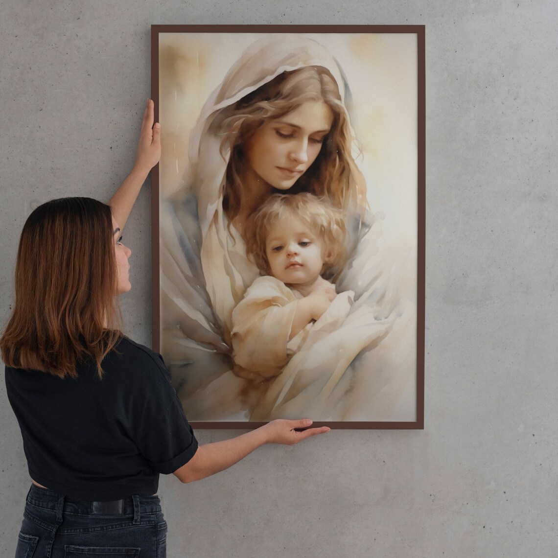 Mary Holding Baby Jesus Mother of God Watercolor Sacred Art Poster - Image 2