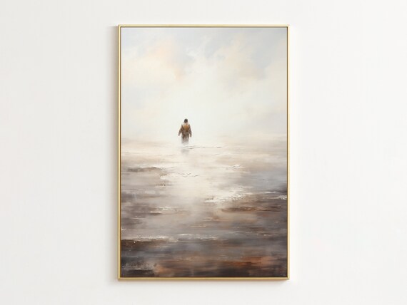 Jesus Walking on Water Misty Seascape Minimalist Painting Faith Poster
