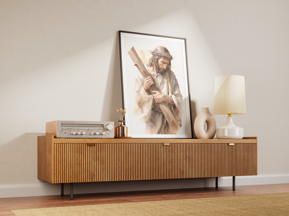 Jesus With Crown of Thorns Carrying Cross Watercolor Art Poster - Image 3