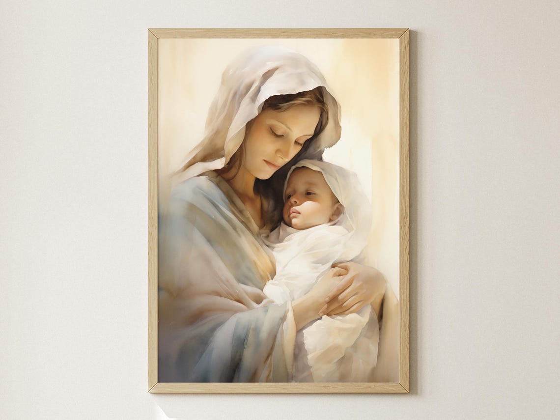 Mary And Baby Jesus Print Mary Mother Of God Bible Art Christian Wall Art Mary Watercolor Art Madonna And Child Catholic Art