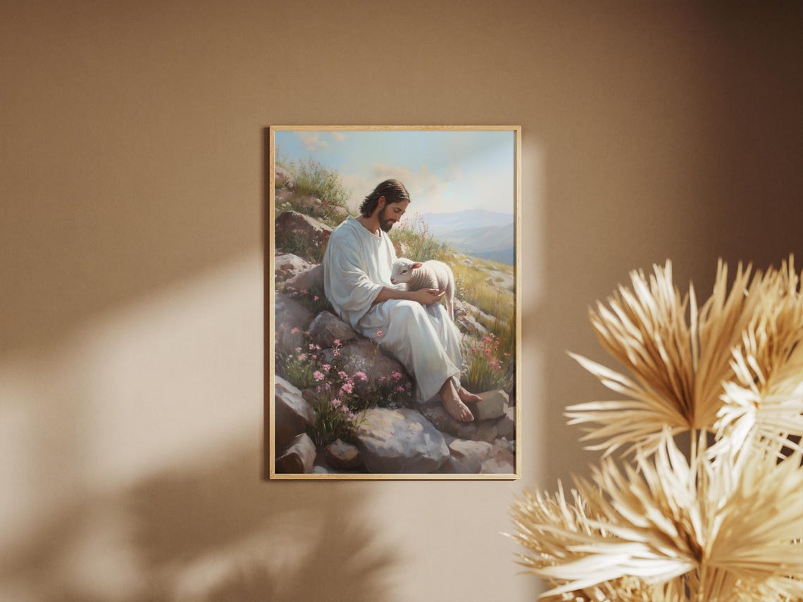 Jesus Sitting on Mountain Rocks Holding Lamb Spring Art Poster - Image 3