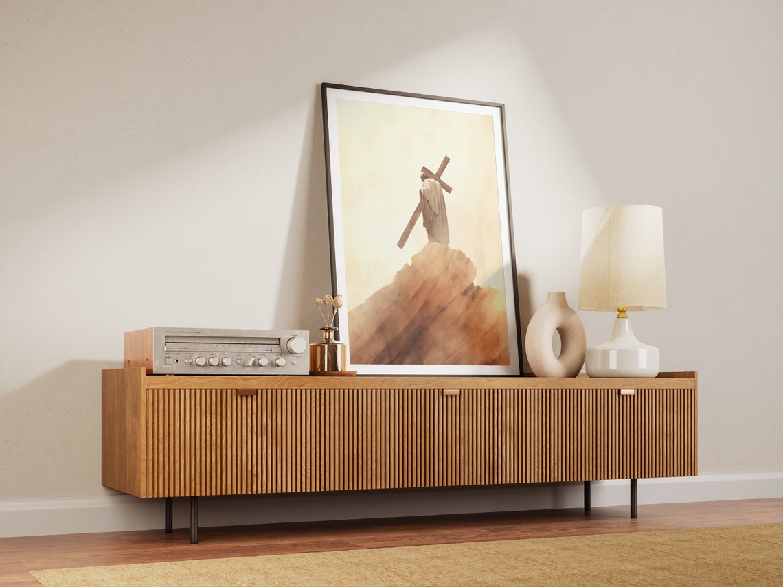 Jesus Carrying Cross Up the Hill Minimalist Beige Art Poster - Image 3