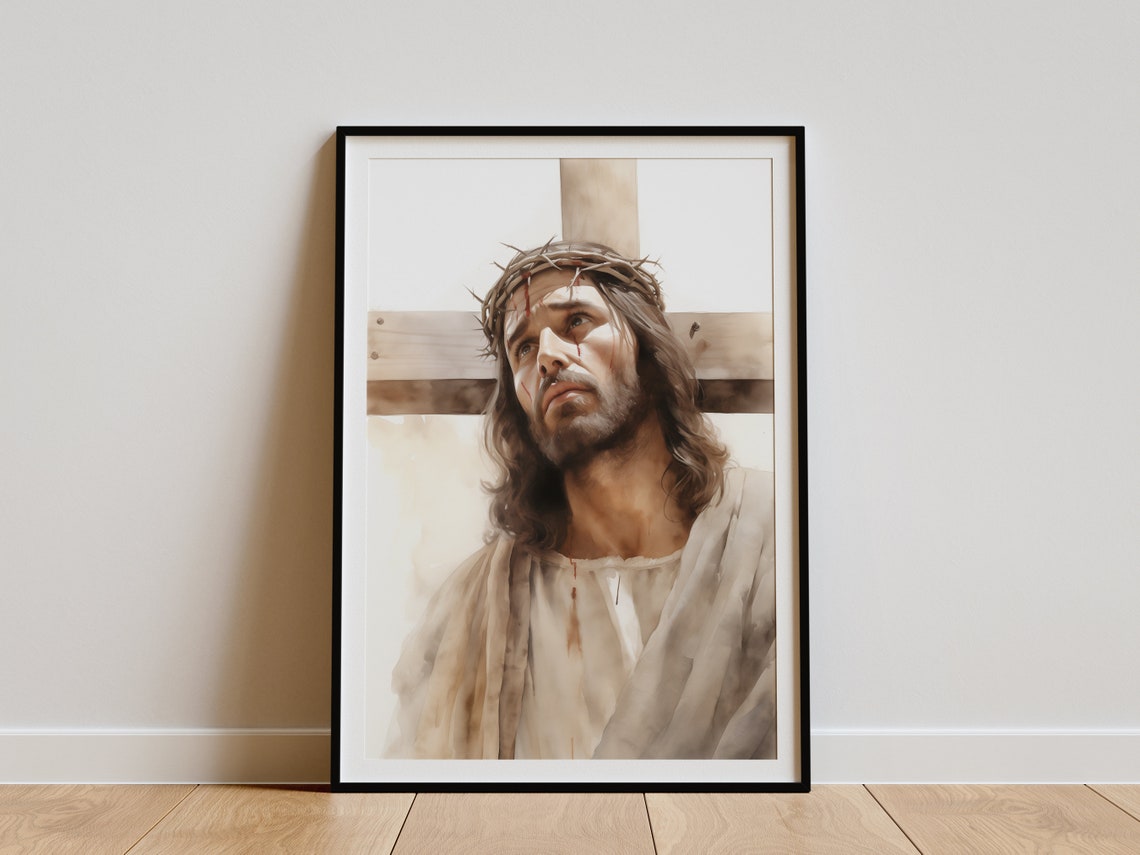 Jesus Before the Cross Crown of Thorns Watercolor Art Poster - Image 3