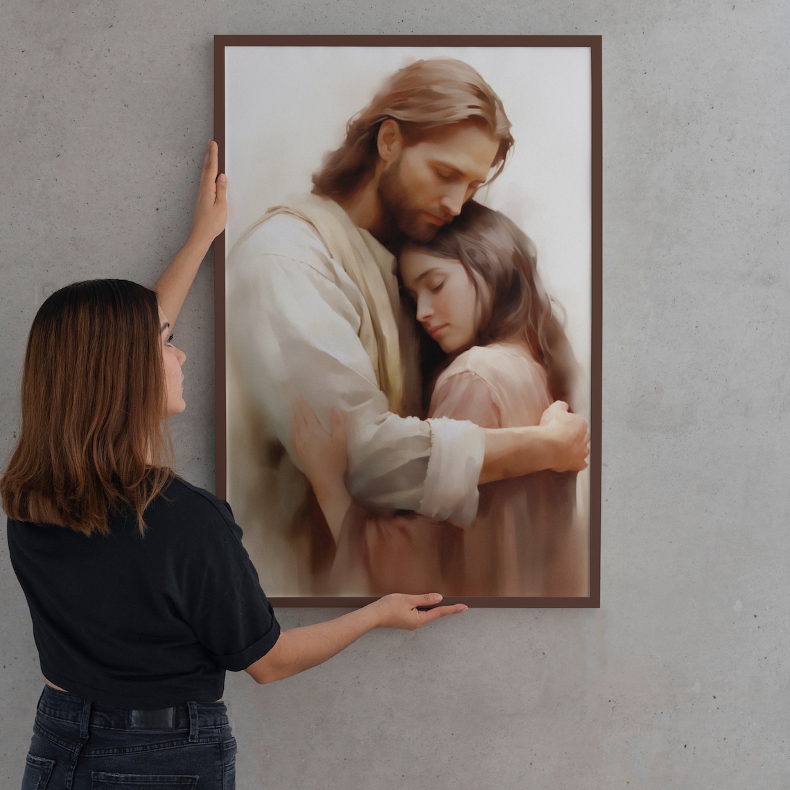 Jesus Hugging Woman Comforting Watercolor Christian Art Poster - Image 2