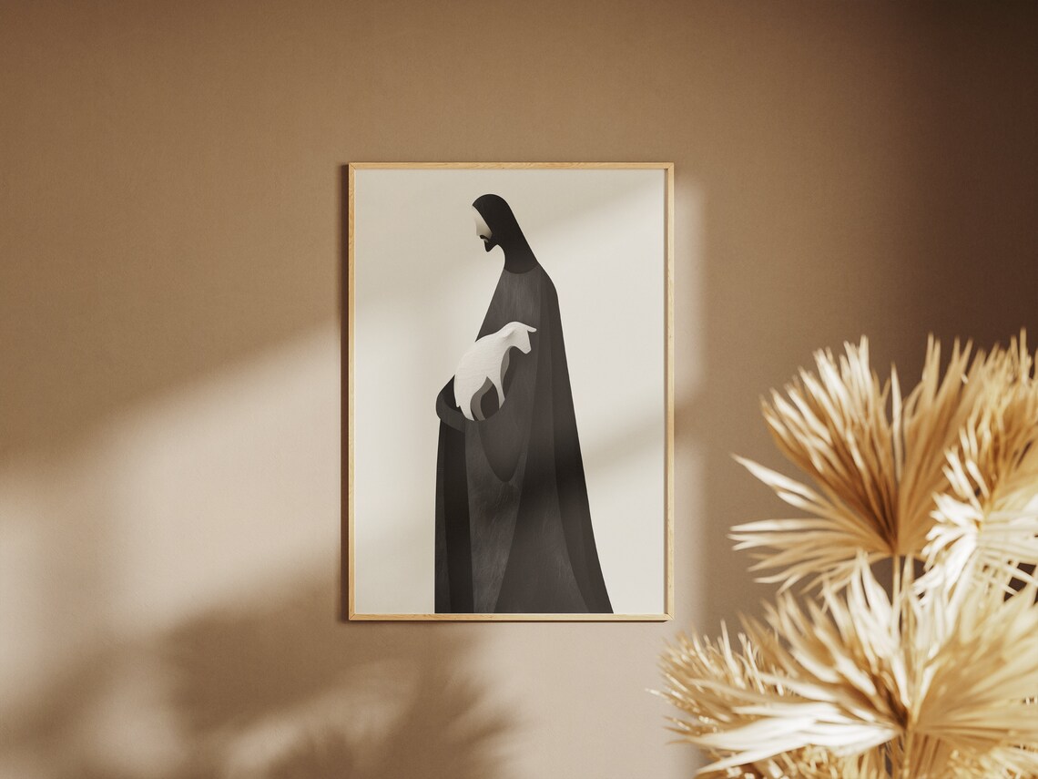 Minimalist Black Jesus Silhouette White Lamb Modern Christian Art Poster - Image 3