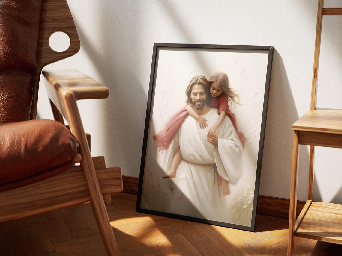 Jesus Carrying Girl on Shoulders Joyful Field Painting Gift Art Poster - Image 2