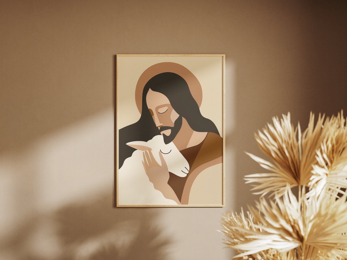 Jesus and Lamb Boho Minimalist Neutral Earth Christian Art Poster - Image 3