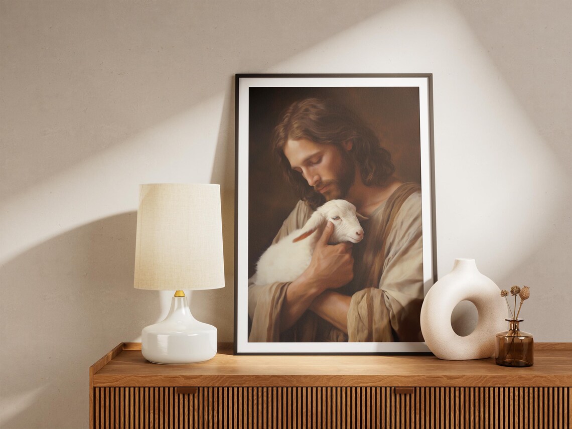 Jesus Christ Holding Lamb Close Oil Painting Tender Faith Art Poster - Image 4