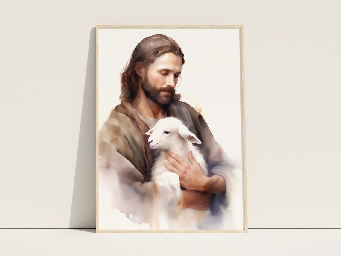 Jesus Cradling Lamb Good Shepherd Watercolor Portrait Poster