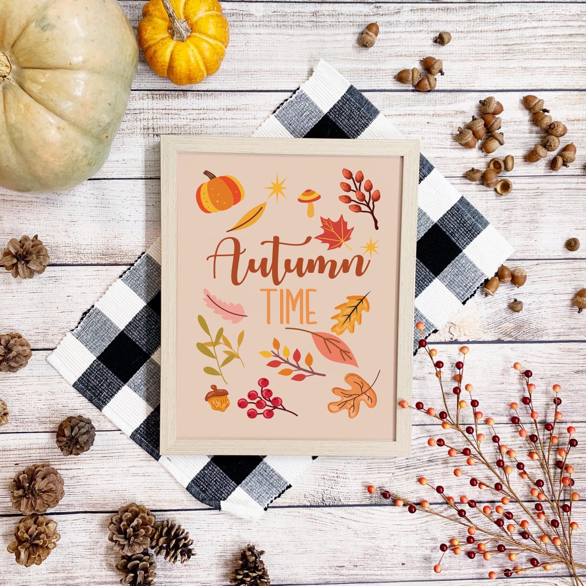 Autumn Time Art Print Size A1 Poster Pumpkin Toadstool Halloween Autumnal Hello Boho Thanksgiving