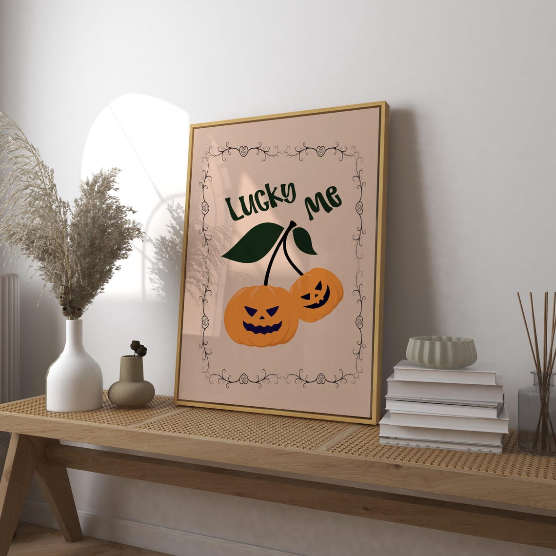 Lucky Me Pumpkin Cherry Vintage Halloween Jack-O-Lantern Poster
