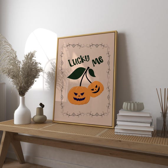 Lucky Me Pumpkin Art Print Poster Vintage Halloween Trendy Retro Fall Cherry Mid Century Modern Kitchen