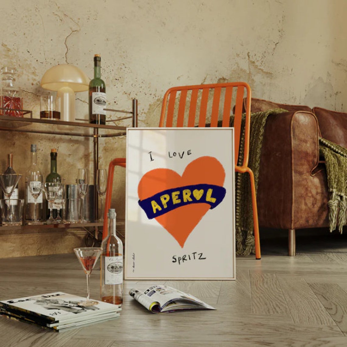 I Love Aperol Spritz Bold Orange Heart Hand Drawn Kitchen Print