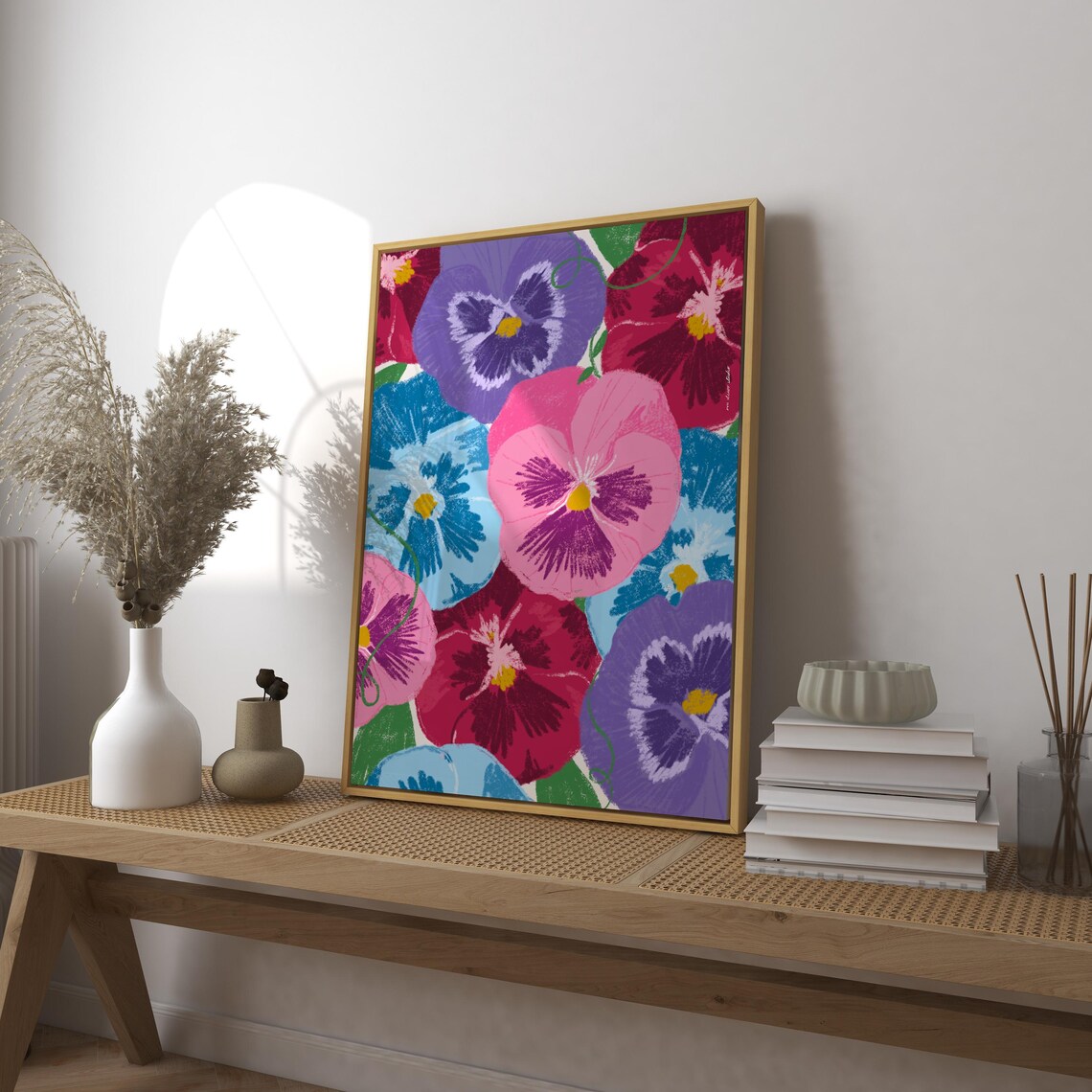 Colorful Pansies Floral Illustration in Pink Purple Blue Print