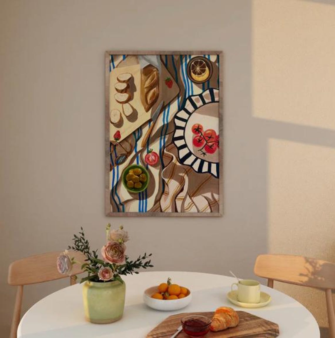 Summer Picnic Table with Bread Tomatoes and Olives Painting Poster