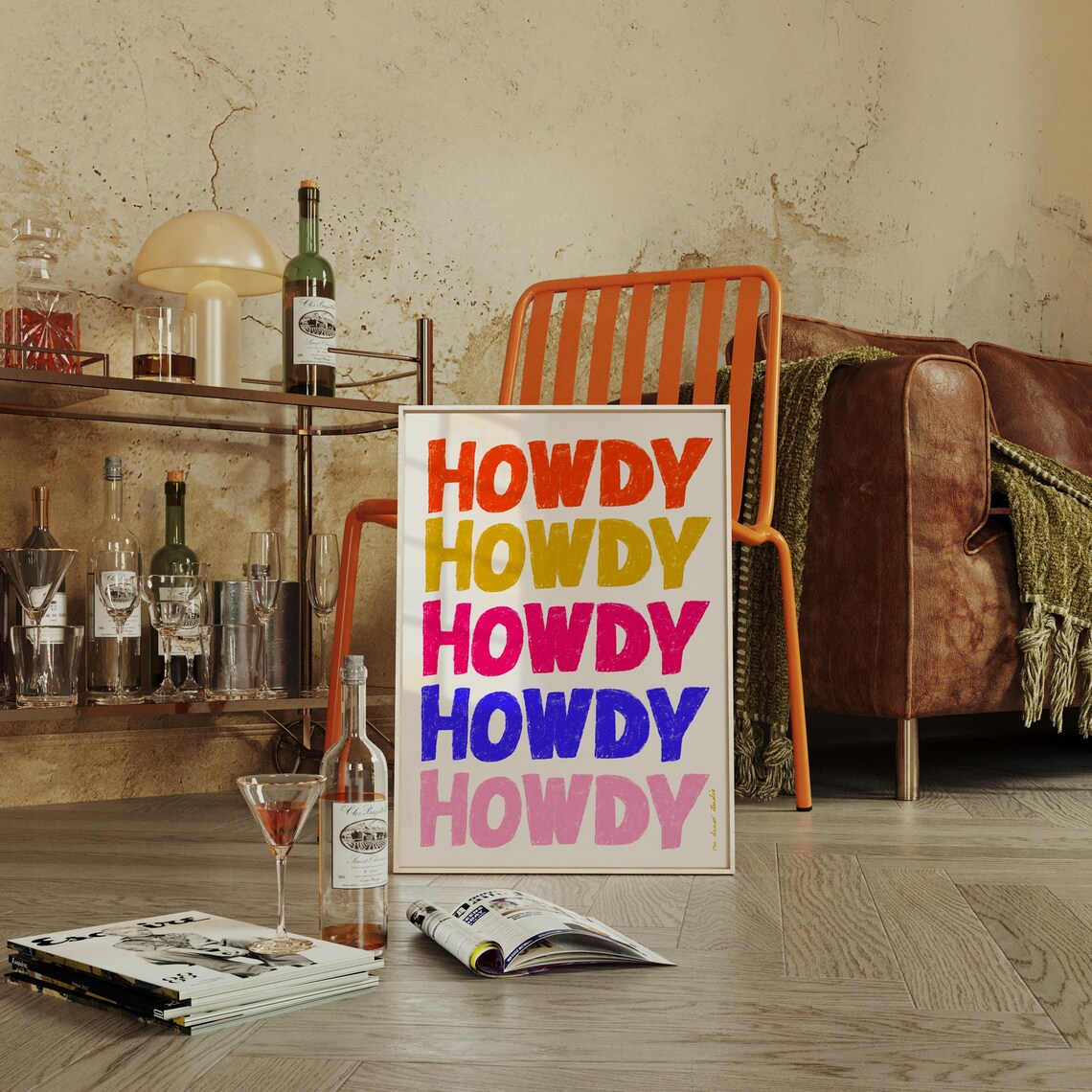 Howdy Retro Cowboy Cowgirl Art Print, Mid-Century