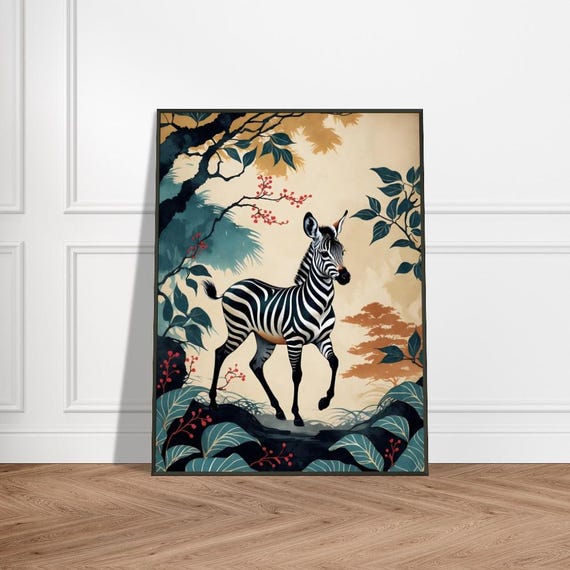 Zebra In Japaneseinspired Forest Elegant Wildlife Art Print Minimalist Nature Illustration Exotic Animal Wall Decor