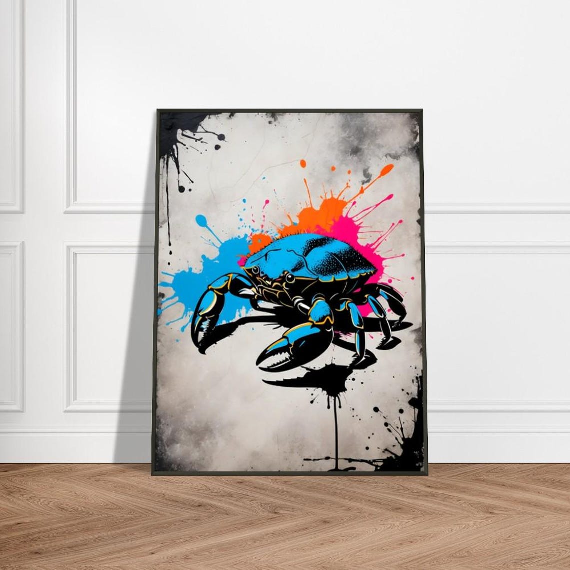 Blue Crab Graffiti With Neon Paint Splashes Urban Art Poster
