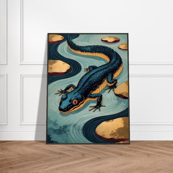 Blue Salamander In Flowing Stream Japaneseinspired Wildlife Art Mystical Amphibian Illustration Nature Wall Decor