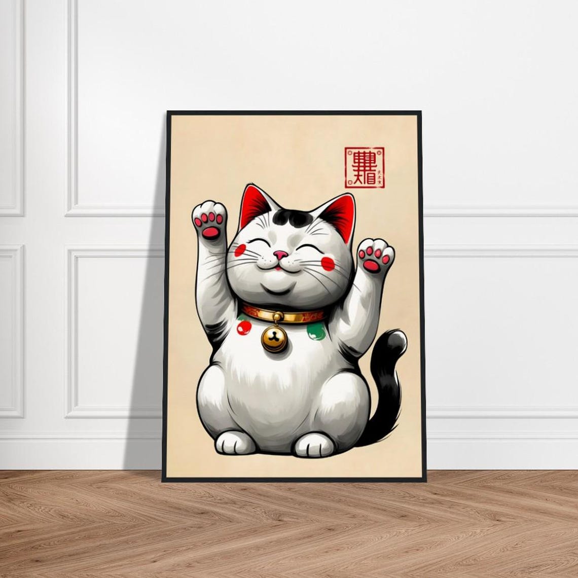 Maneki Neko Lucky Cat With Both Paws Raised Japanese Ink Poster