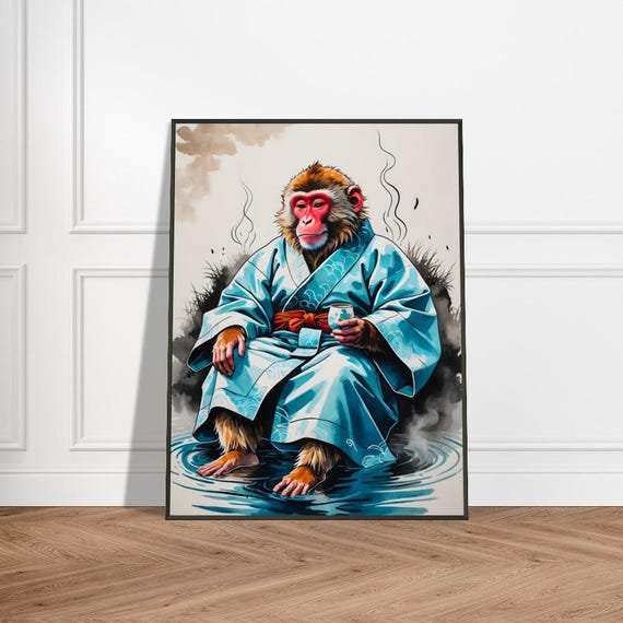 Snow Monkey In Kimono Wall Art With Metal Frame Japaneseinspired Ink Illustration Hot Spring And Tea Scene Vibrant Blue Red Design