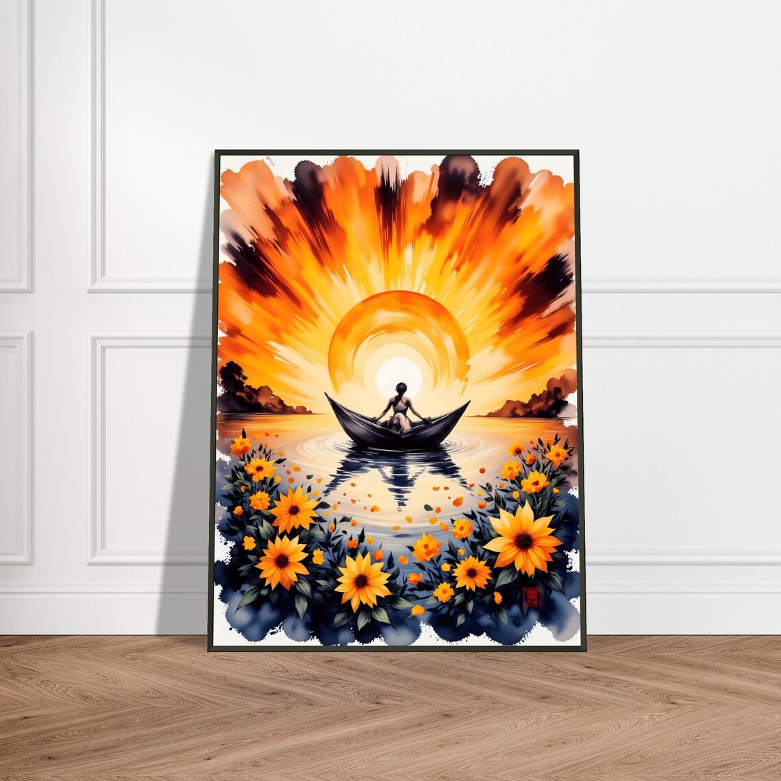 Person Rowing Boat at Sunrise Dramatic Orange Sky Watercolor Poster
