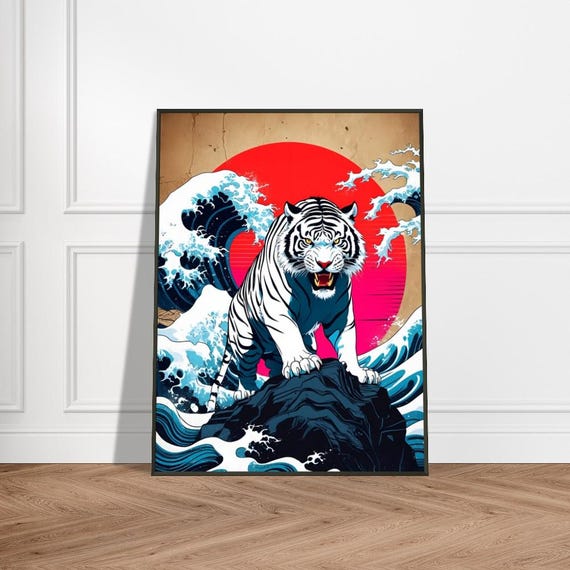 White Tiger On Rocky Cliff Japaneseinspired Metal Framed Art Print Crashing Waves Radiant Red Sun And Bold Ukiyoe Design