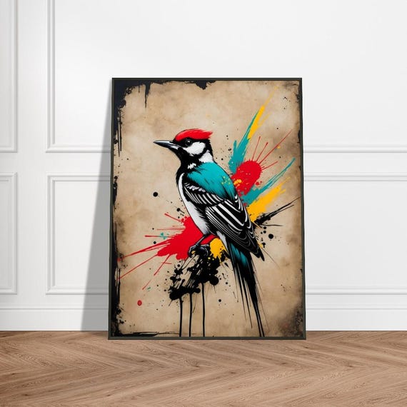 Woodpecker Art Print Japaneseinspired Ink Splash Design With Bold Red Blue And Yellow Accents Vibrant Bird Wall Decor