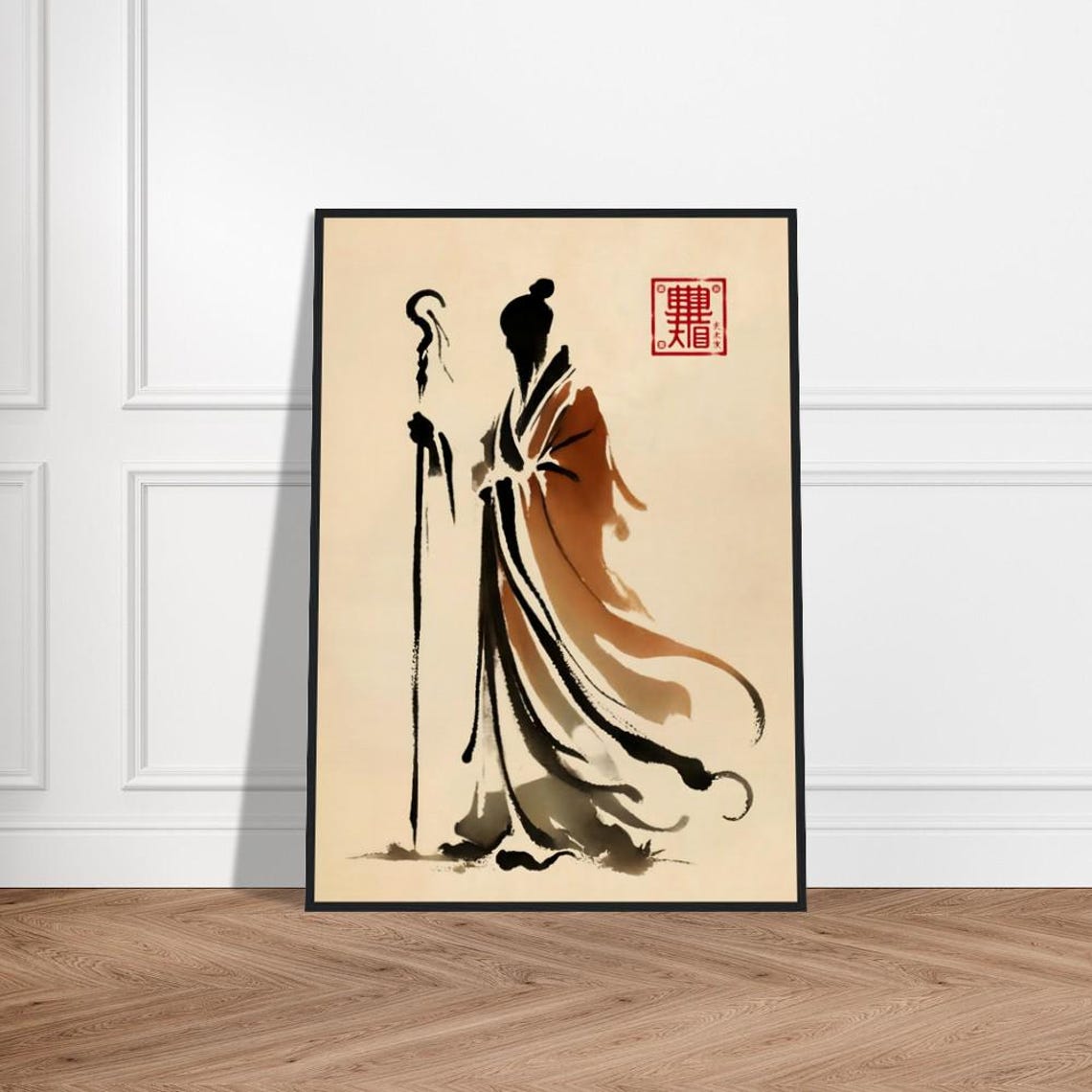 Japanese Monk from Behind Ink Art Poster Zen Minimalist Staff