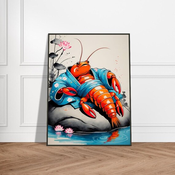 Lobster In Kimono Wall Art With Metal Frame Japaneseinspired Ink Illustration Pond Scene Vibrant Blue And Red Design