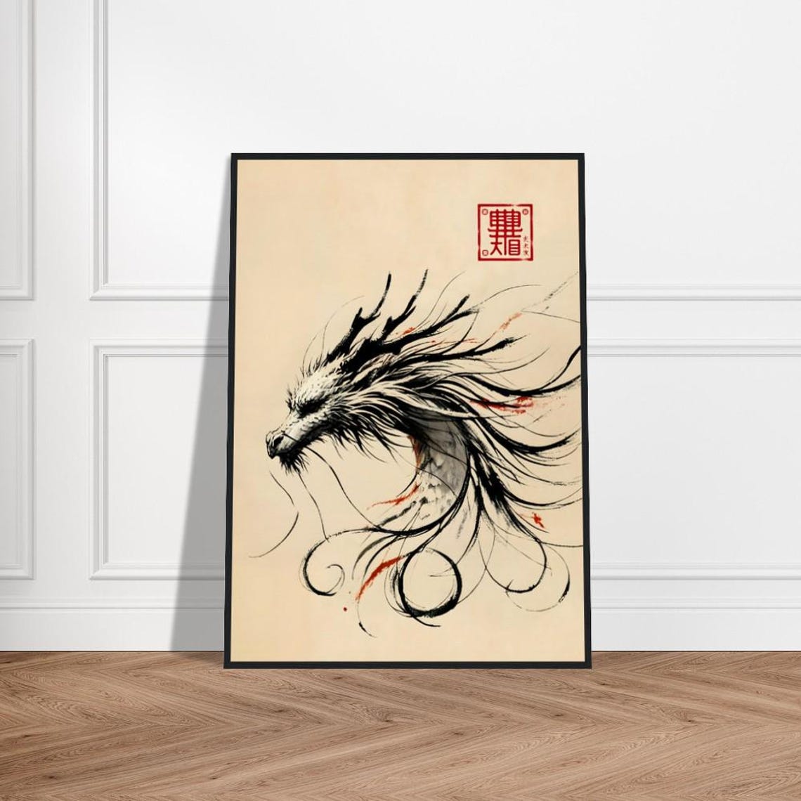 Japanese White Dragon Windblown Black Mane Red Ink Accents Poster