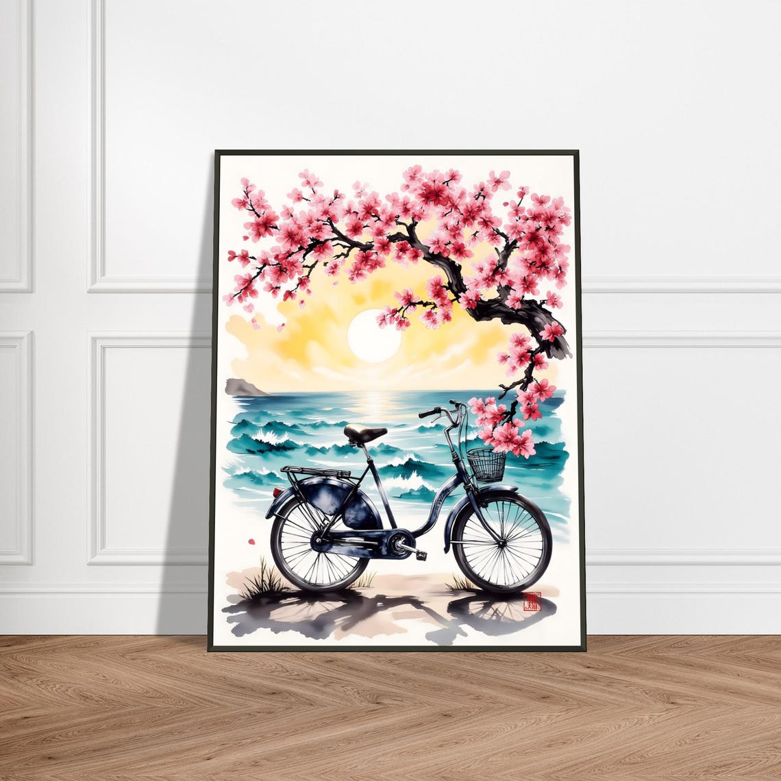 Vintage Bicycle by the Sea Under Cherry Blossom Sunset Art Poster
