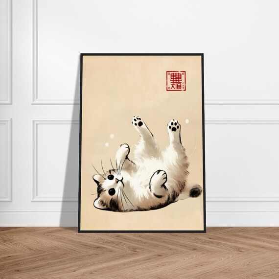 Playful Kitten on Back Japanese Ink Art Rolling Paws Up Poster