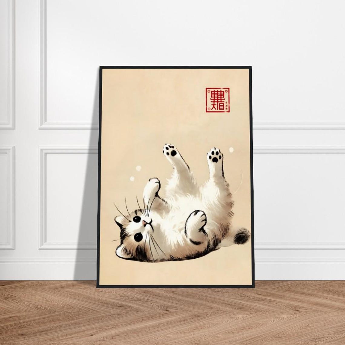 Playful Kitten on Back Japanese Ink Art Rolling Paws Up Poster