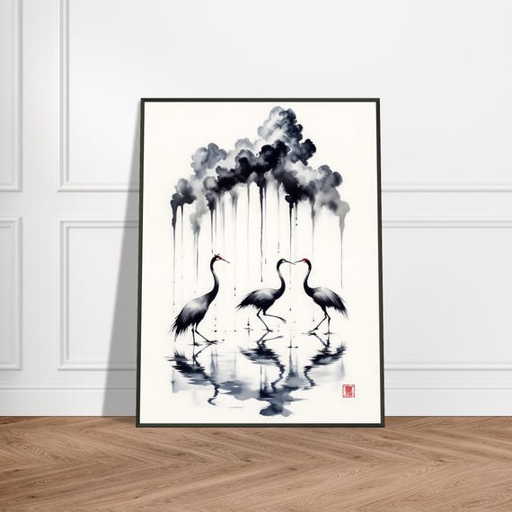 Japanese Redcrowned Cranes Zen Ink Wall Art Print With Metal Frame Minimalist Water Reflection And Cloudscape Decor