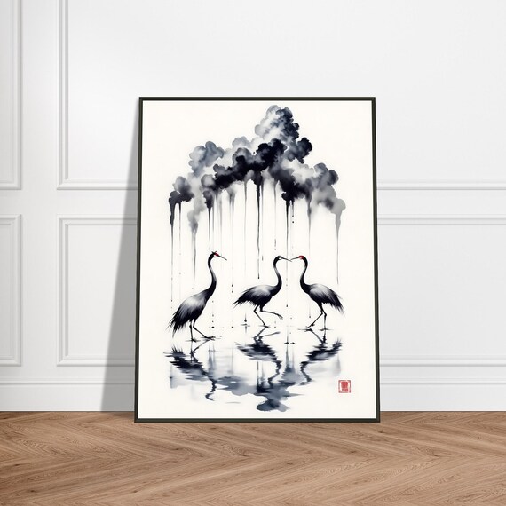 Three Red Crowned Cranes in Gentle Rain Japanese Sumi E Ink Poster