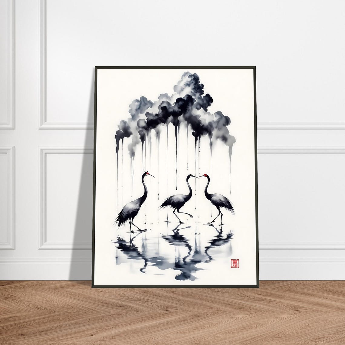 Three Red Crowned Cranes in Gentle Rain Japanese Sumi E Ink Poster